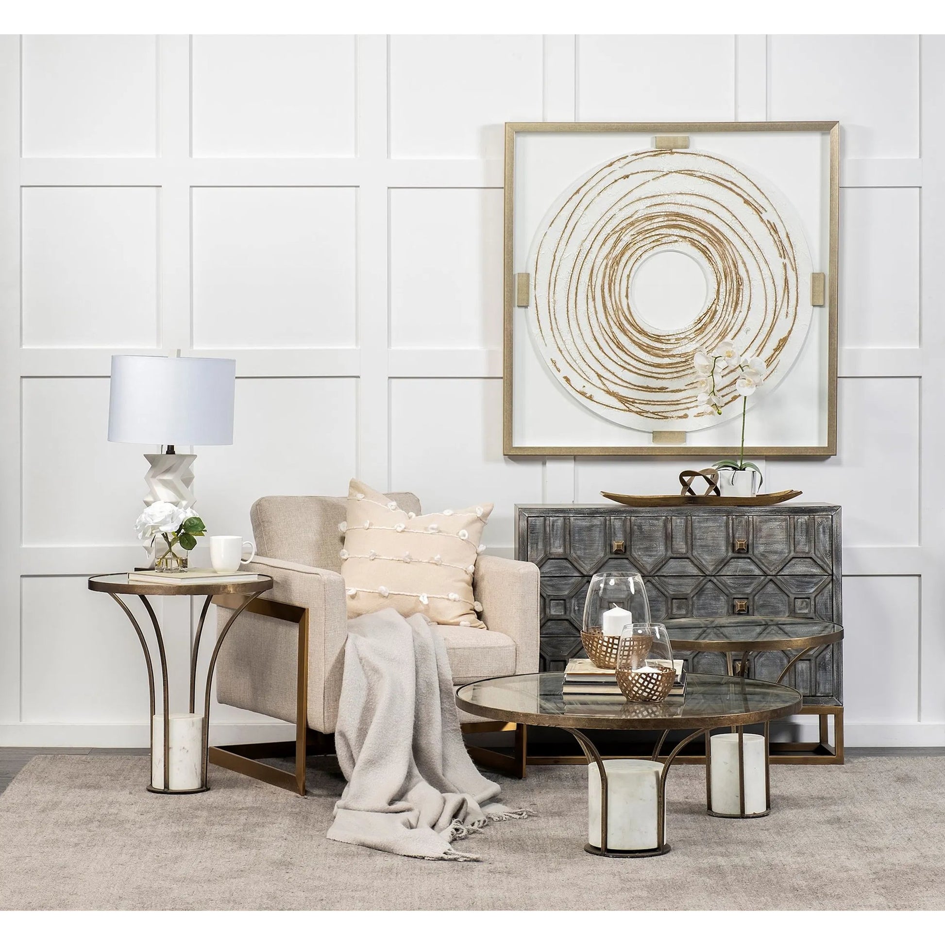 Jacinta End/Side Table by Mercana in antiqued gold. Made from unique in a modern style.