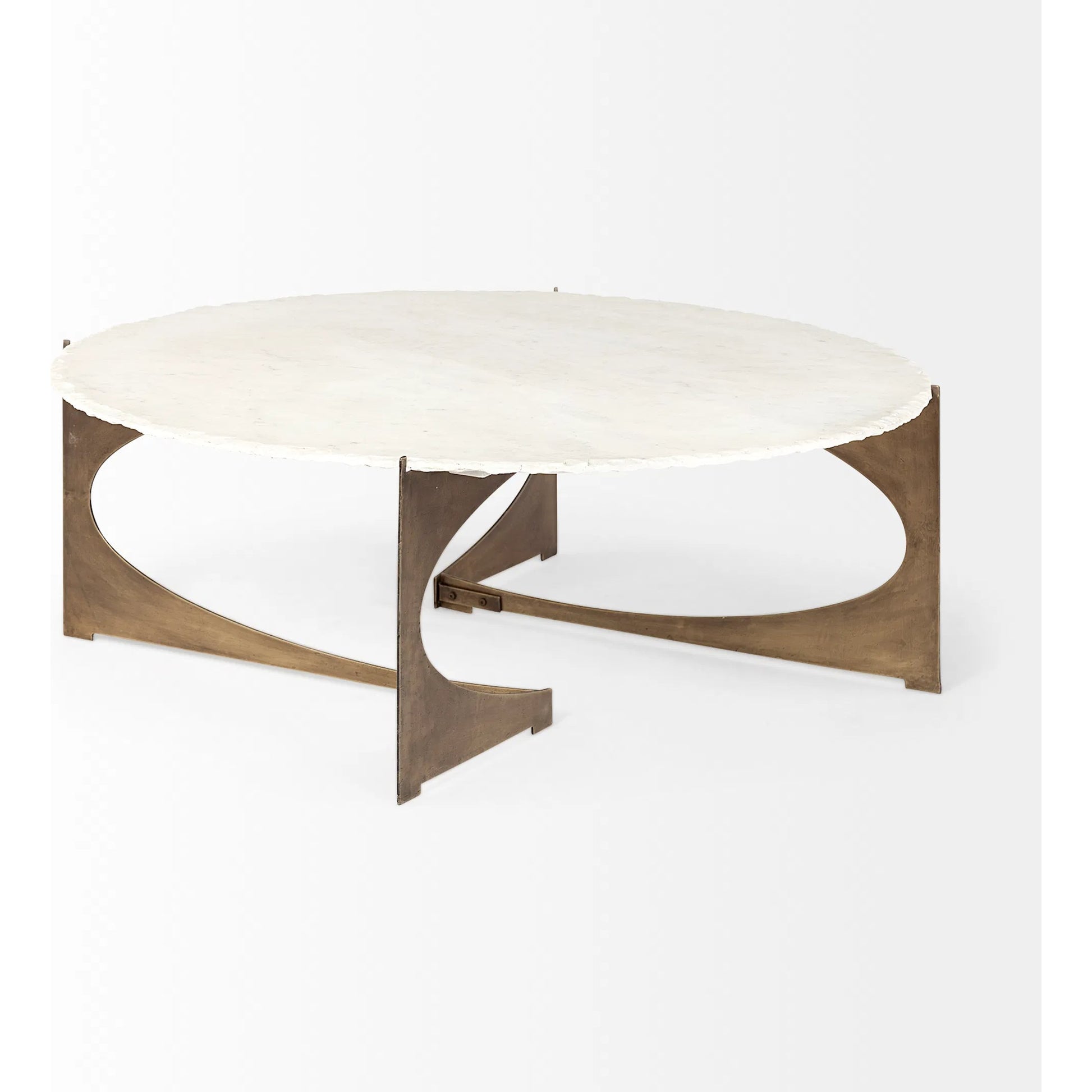Reinhold Round Coffee Table by Mercana in white, antique gold. Made from marble, metal in a modern style.