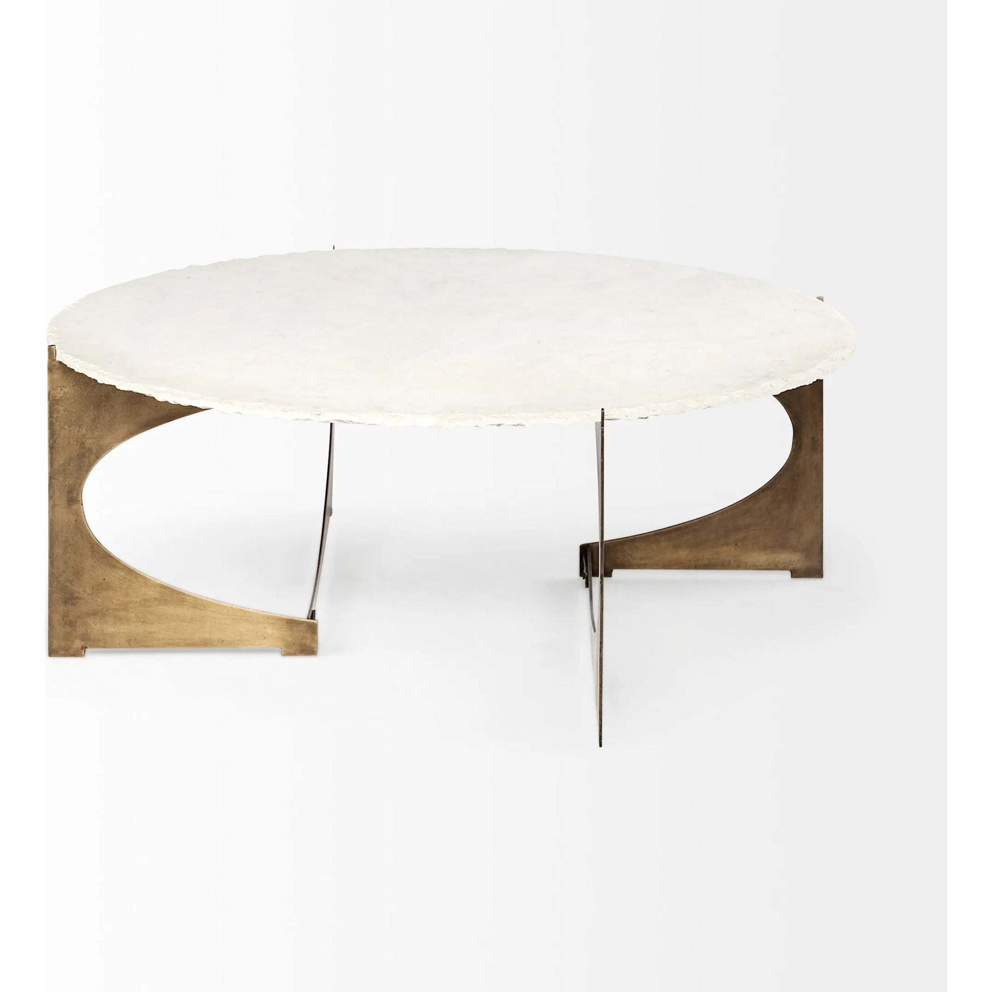 Reinhold Round Coffee Table by Mercana in white, antique gold. Made from marble, metal in a modern style.