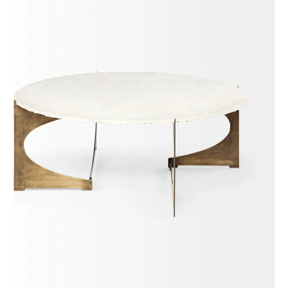 Reinhold Round Coffee Table by Mercana in white, antique gold. Made from marble, metal in a modern style.