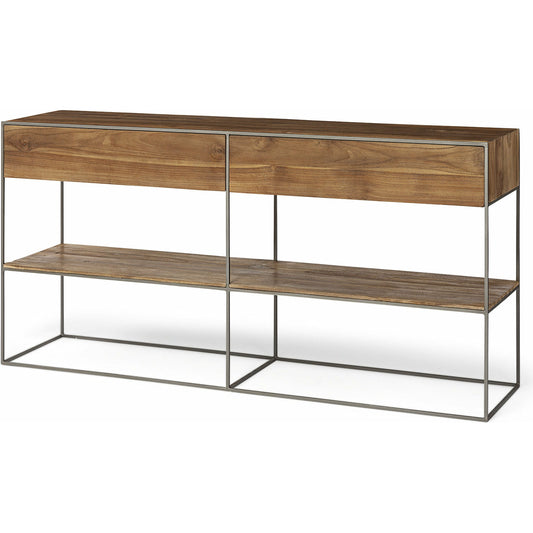 Morris Console Table by Mercana in natural, medium brown. Made from wood, metal in a modern style.