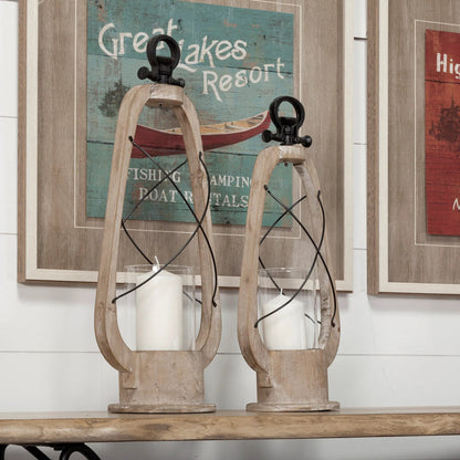 Zain Wooden Vintage Inspired Candle Holder Lantern by Mercana in natural. Made from unique in a coastal style.