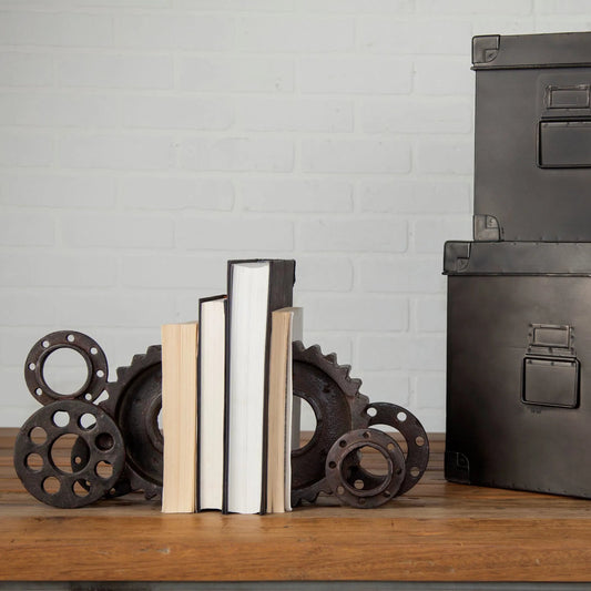 Cogsworth Resin Industrial Gear Bookends Set of Two by Mercana in gray. Made from resin in a modern style.