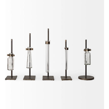 Jarvis Dark Glass Chemistry Inspired Bottles Set of Five by Mercana in dark brown metal. Made from unique in a modern style.