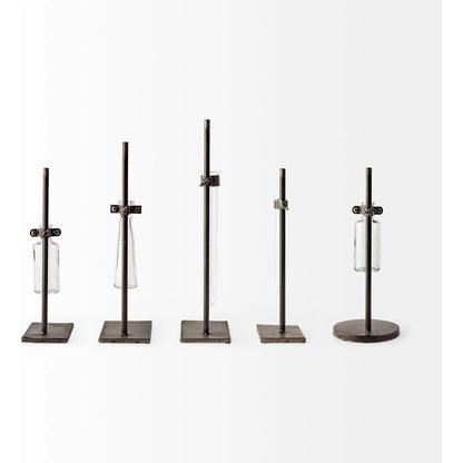 Jarvis Dark Glass Chemistry Inspired Bottles Set of Five by Mercana in dark brown metal. Made from unique in a modern style.