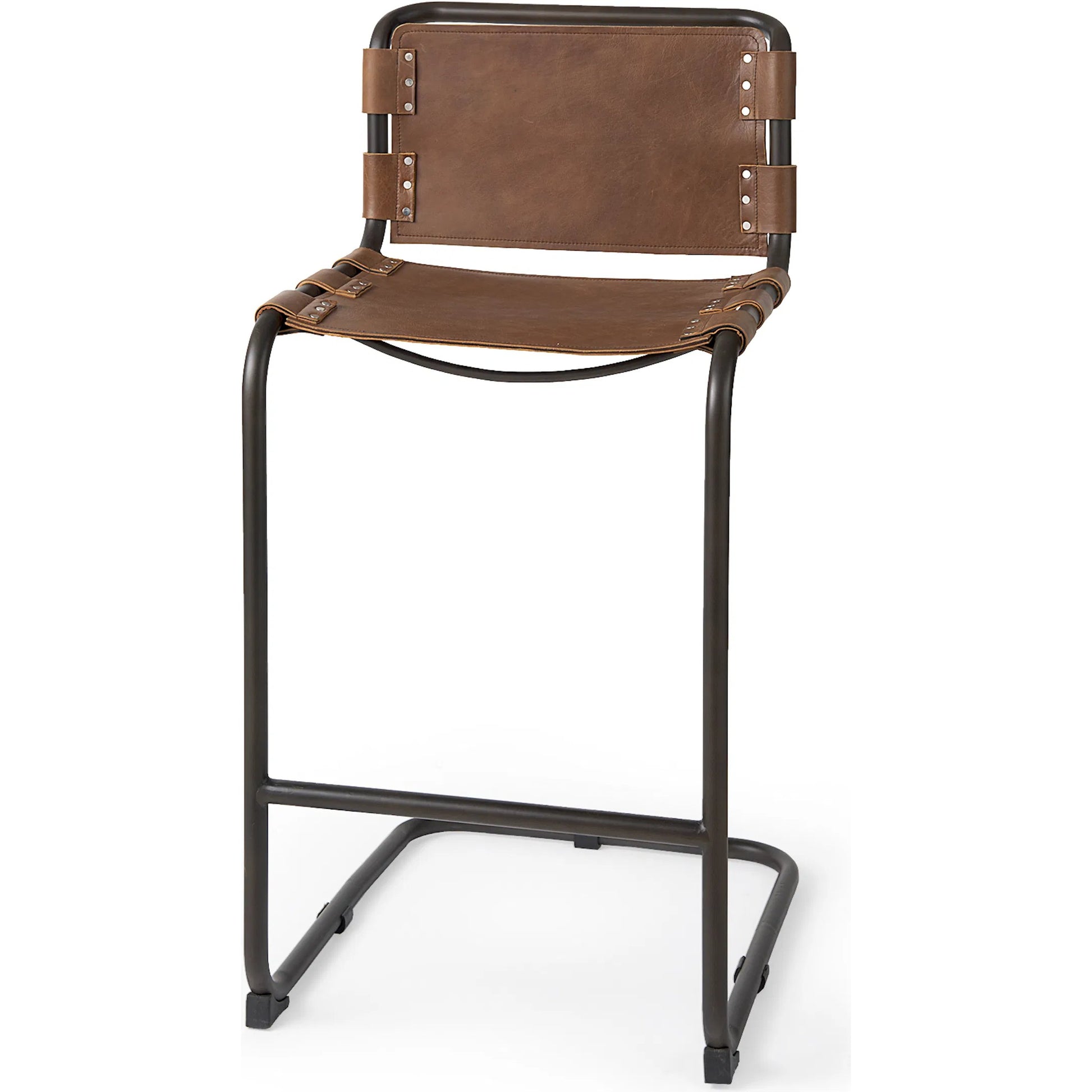 Berbick Leather Seat Bar Stool by Mercana. Made from leather, iron in a rustic style.