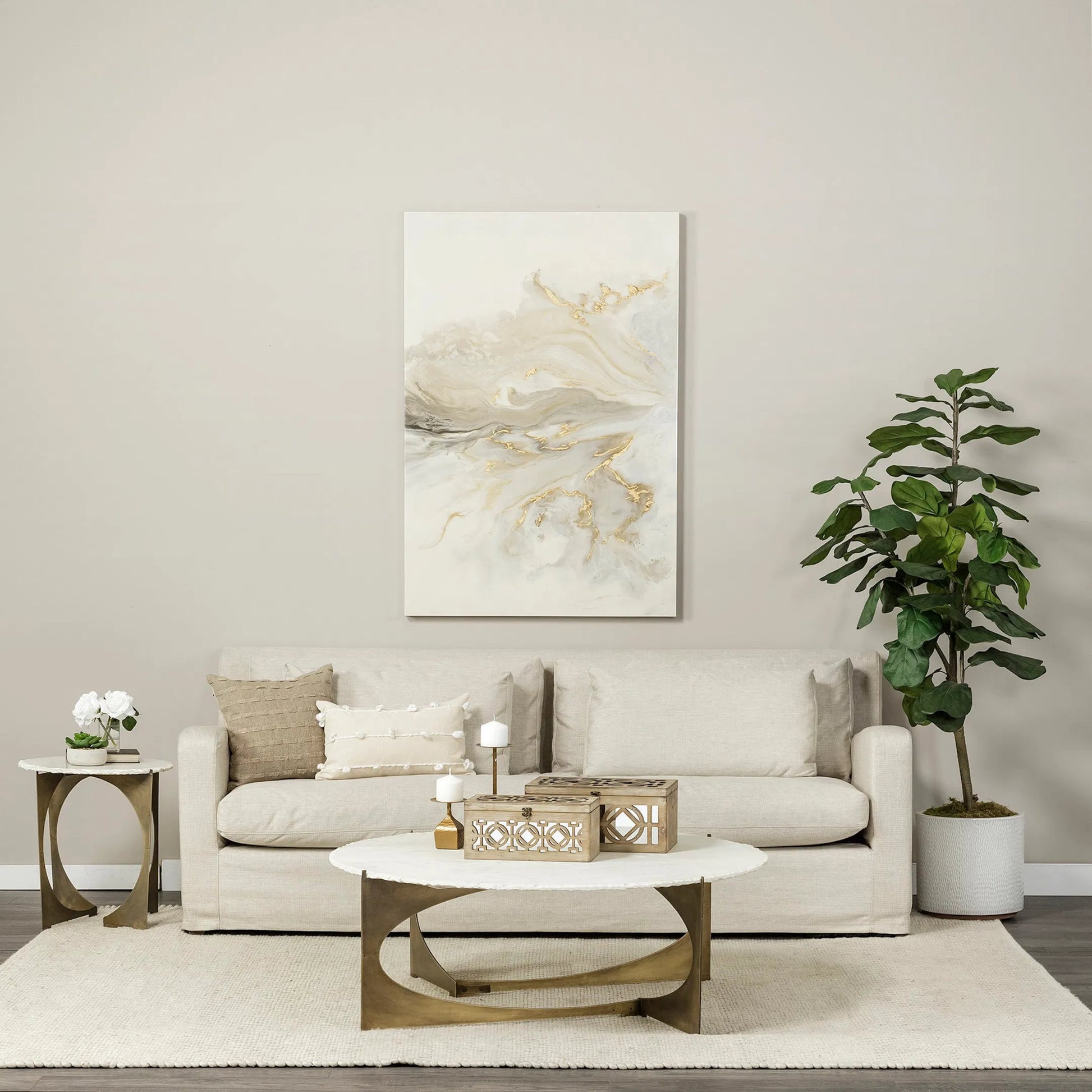 Reinhold Round Coffee Table by Mercana in white, antique gold. Made from marble, metal in a modern style.