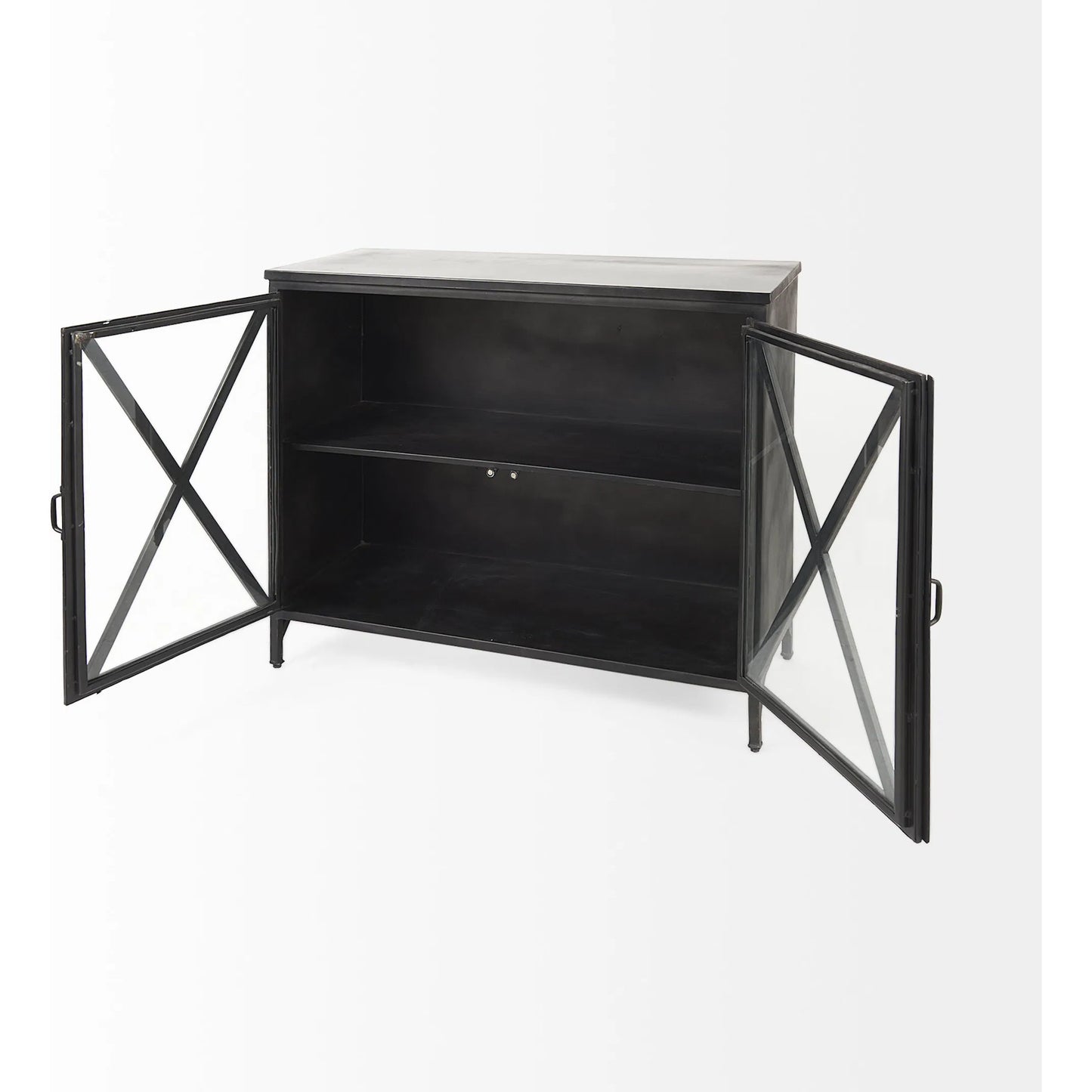 042 SI-1718048 | Closeup | Poppy Accent Cabinet by Mercana in black. Made from metal in a traditional style.