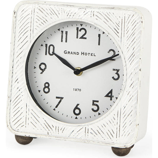 Karl Rustic Iron Rounded Square Table Clock by Mercana in white. Made from iron in a unique style.