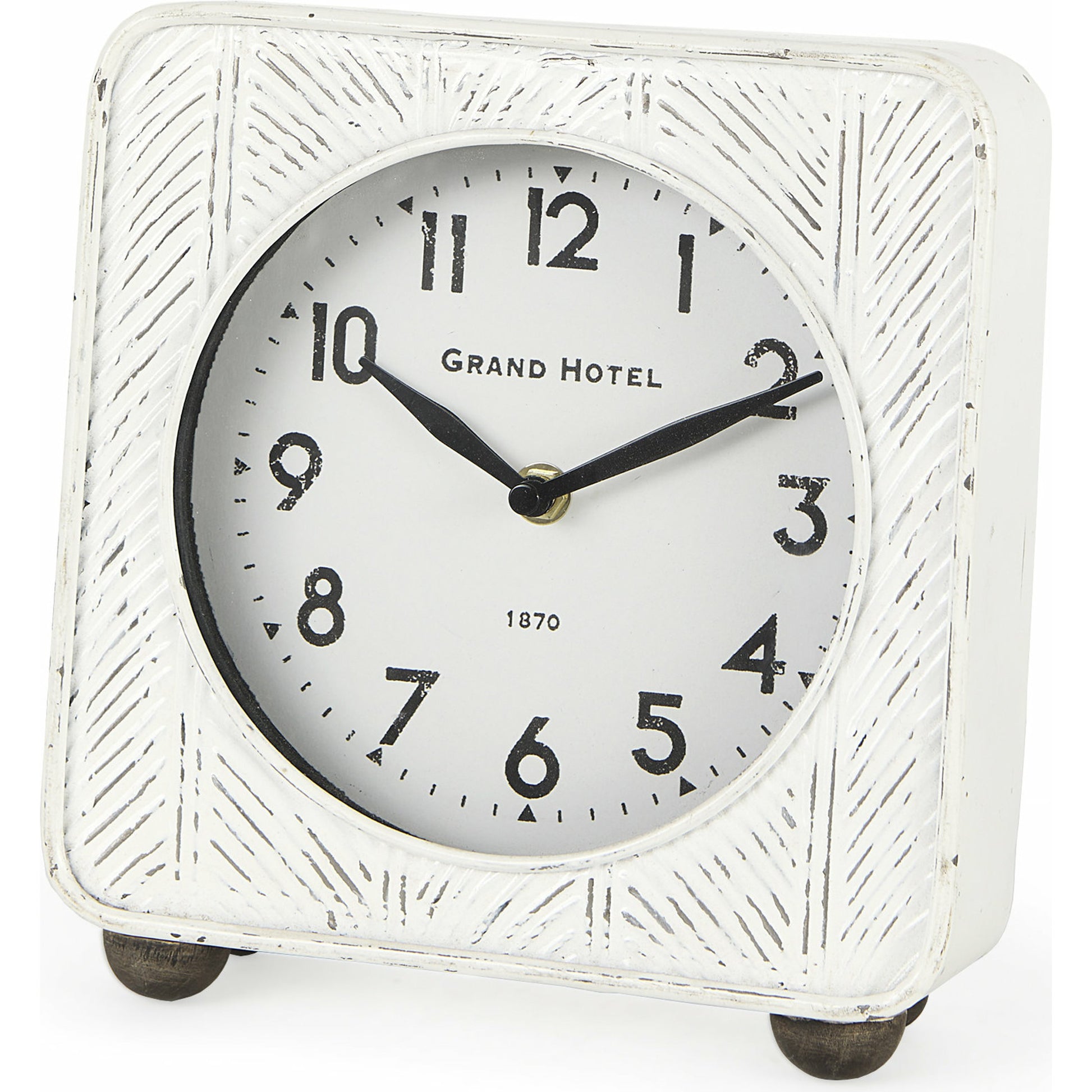 Karl Rustic Iron Rounded Square Table Clock by Mercana in white. Made from iron in a unique style.