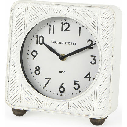 Karl Rustic Iron Rounded Square Table Clock by Mercana in white. Made from iron in a unique style.