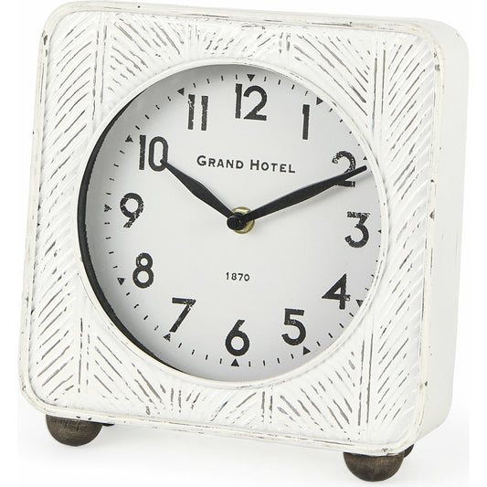 011 None | Unknown | Karl Rustic Iron Rounded Square Table Clock by Mercana in white. Made from iron in a unique style.