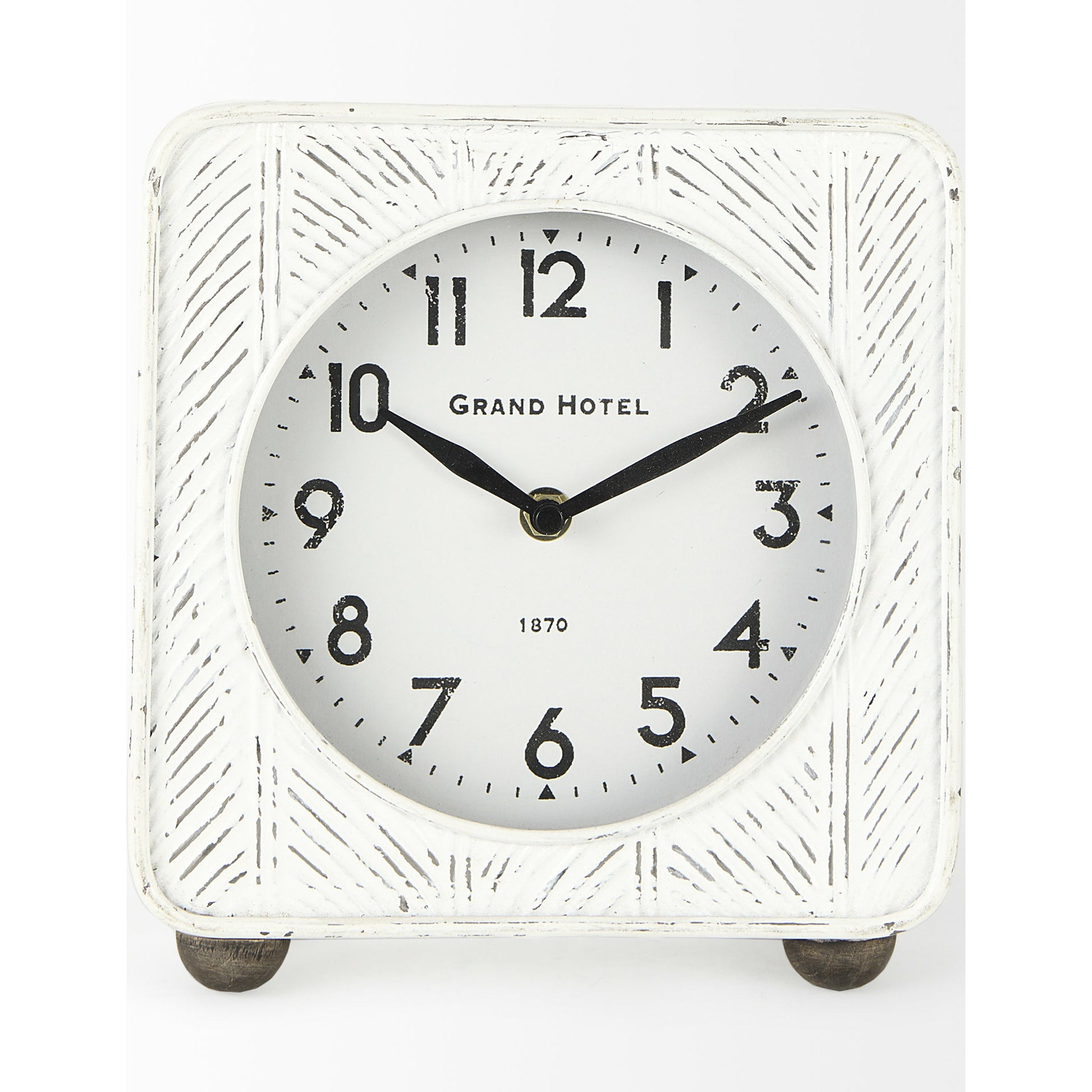 Karl Rustic Iron Rounded Square Table Clock by Mercana in white. Made from iron in a unique style.