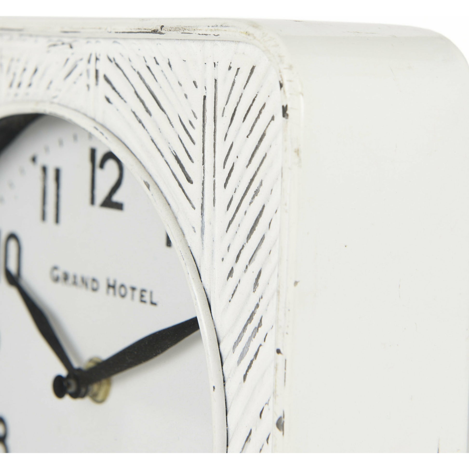 Karl Rustic Iron Rounded Square Table Clock by Mercana in white. Made from iron in a unique style.