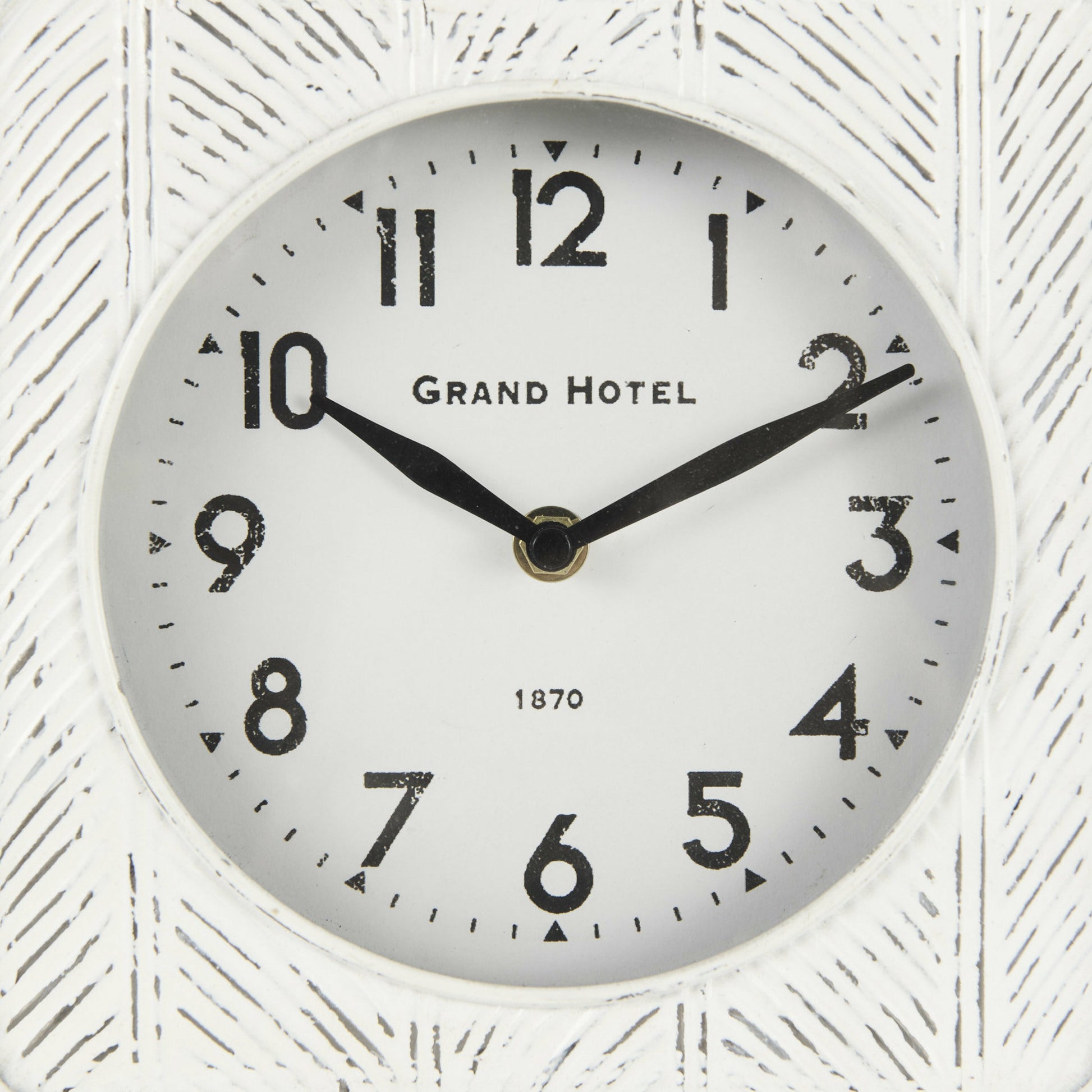 Karl Rustic Iron Rounded Square Table Clock by Mercana in white. Made from iron in a unique style.