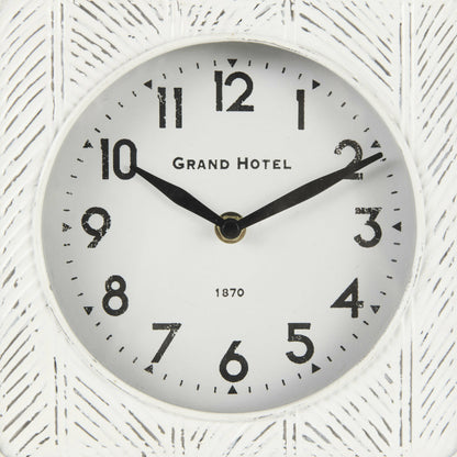 Karl Rustic Iron Rounded Square Table Clock by Mercana in white. Made from iron in a unique style.