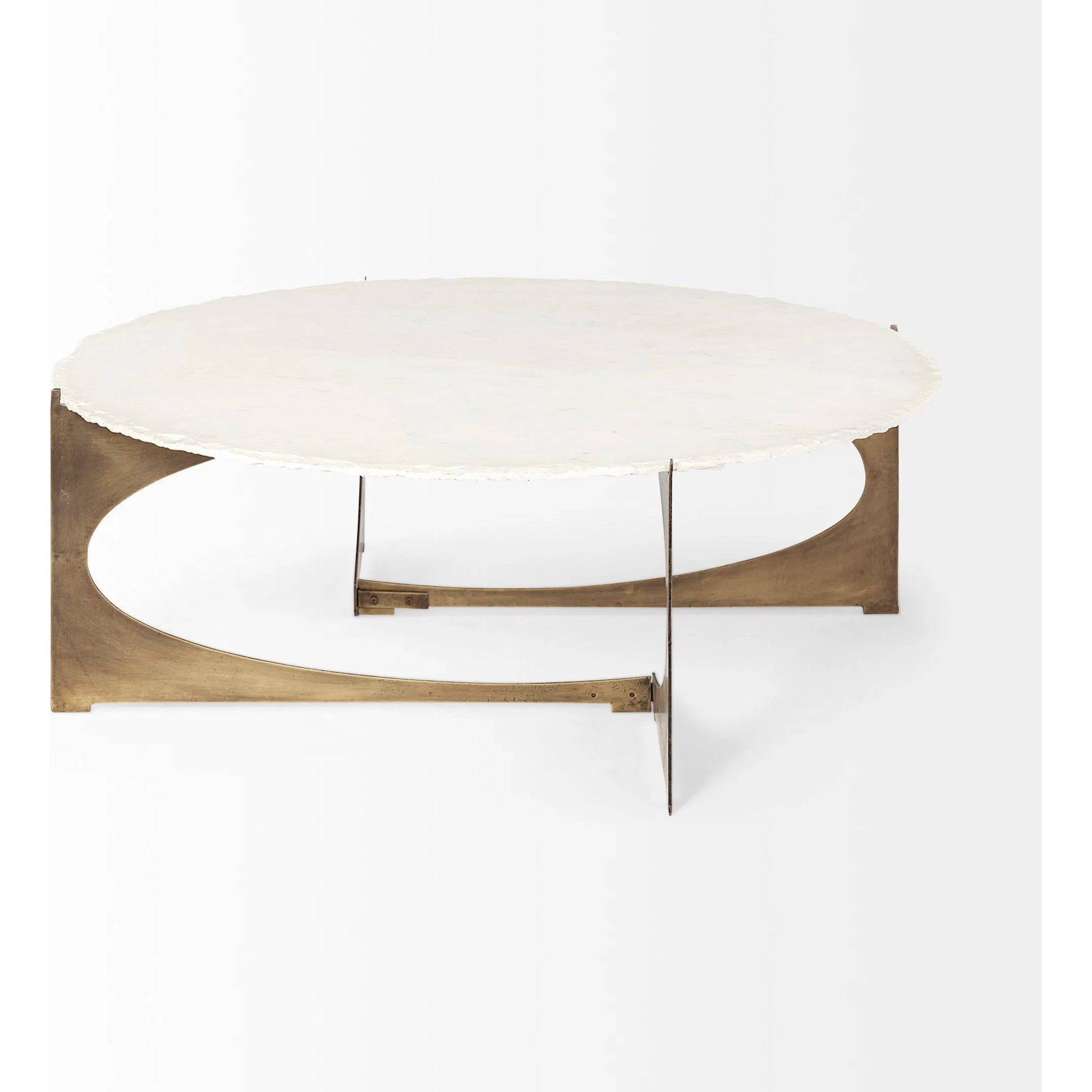 Reinhold Round Coffee Table by Mercana in white, antique gold. Made from marble, metal in a modern style.