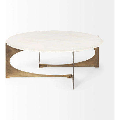 Reinhold Round Coffee Table by Mercana in white, antique gold. Made from marble, metal in a modern style.