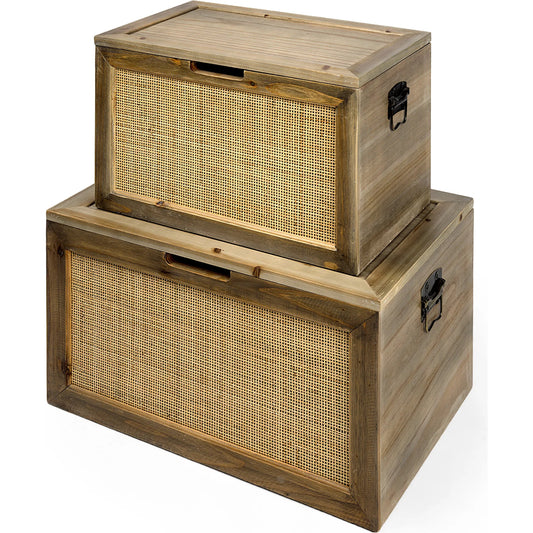 Sonny Wicker Metal Detail Rectangular Boxes Set of Two by Mercana in natural. Made from metal, wood in a unique style.