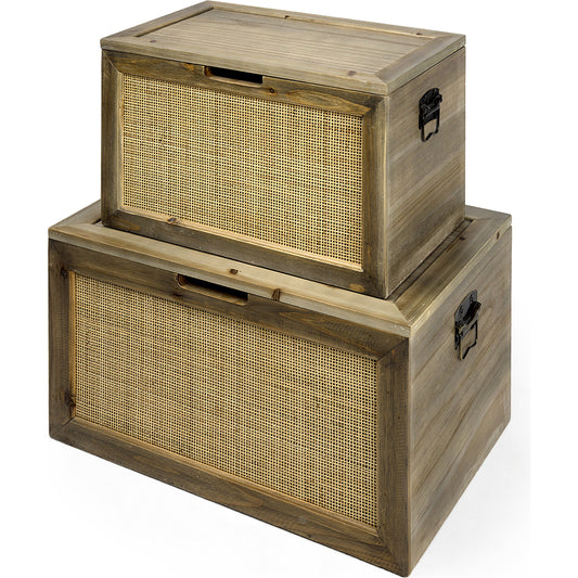 Sonny Wicker Metal Detail Rectangular Boxes Set of Two by Mercana in natural. Made from metal, wood in a unique style.