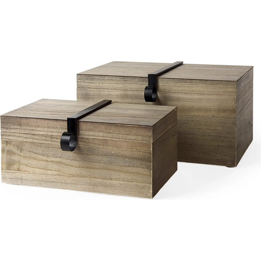 Josh Light Metal Detail Boxes Set of Two by Mercana in light brown. Made from metal, wood in a unique style.