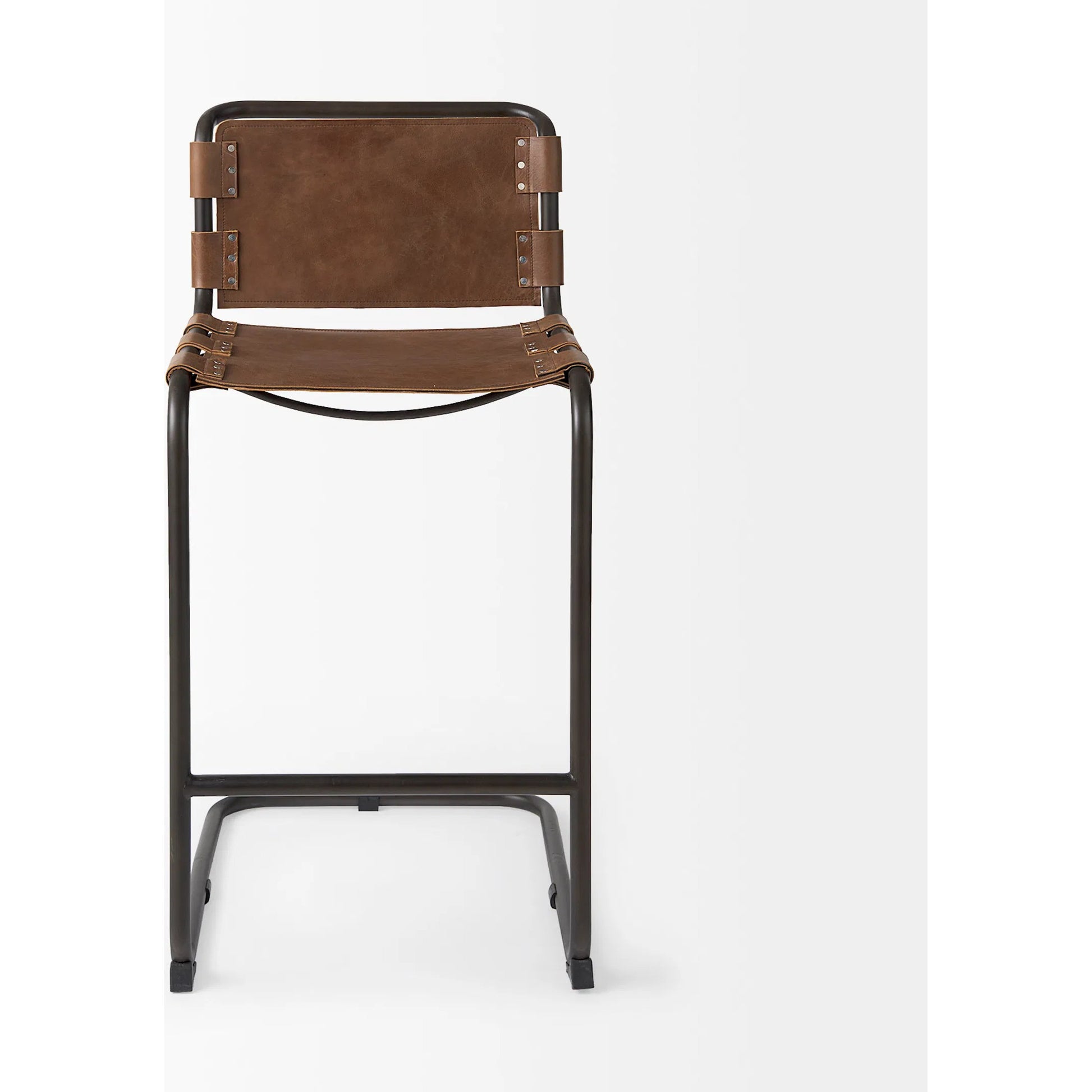 Berbick Leather Seat Bar Stool by Mercana. Made from leather, iron in a rustic style.