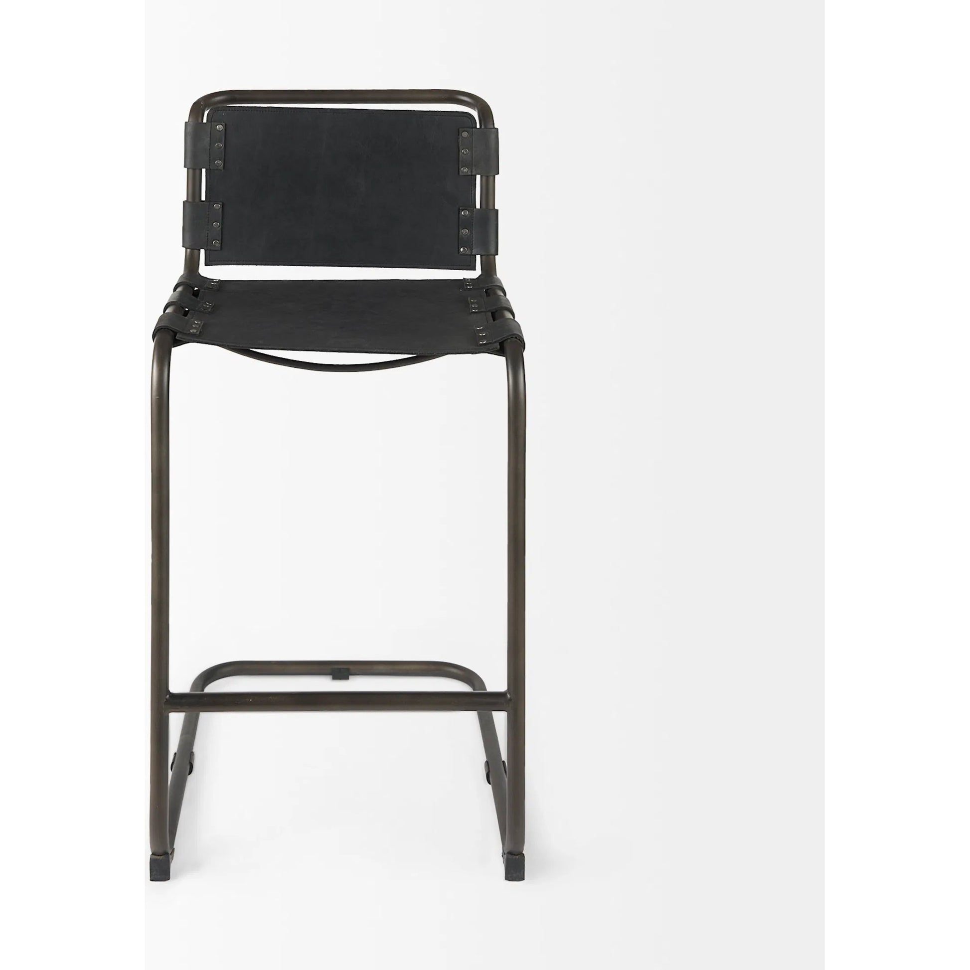Berbick Leather Seat Bar Stool by Mercana. Made from leather, iron in a rustic style.