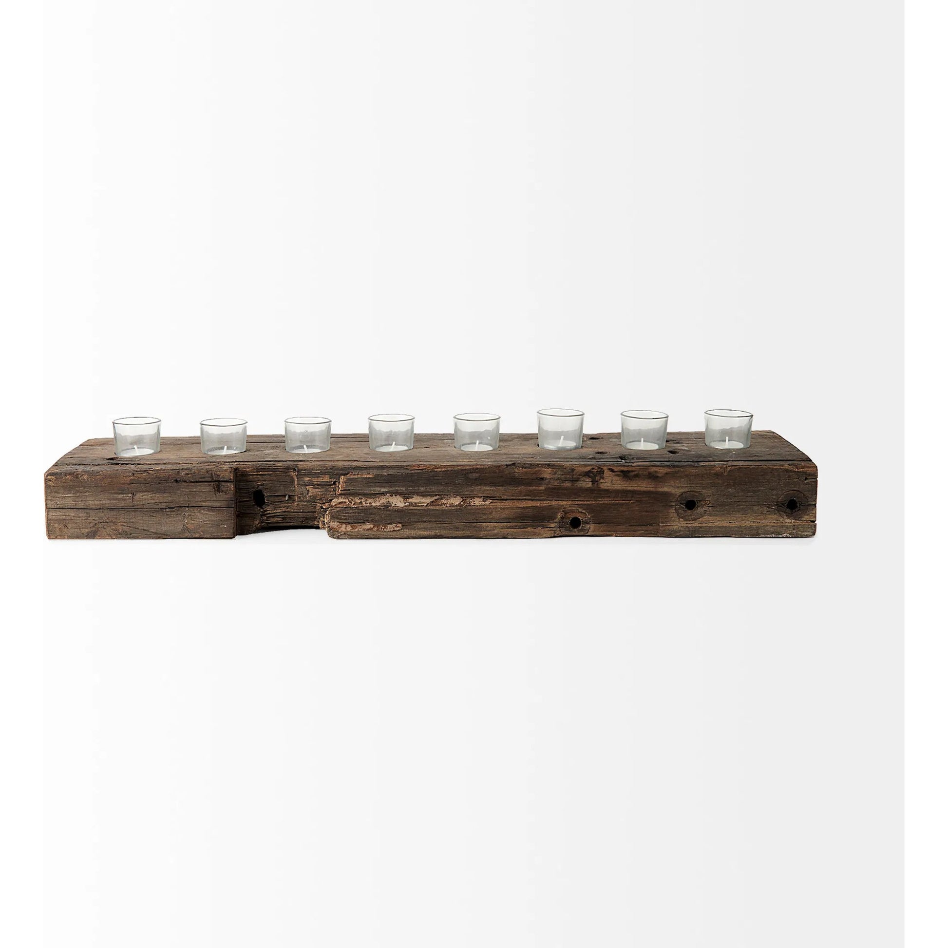 Lakara Reclaimed Wood Eight Tealight Table Candle Holder by Mercana in brown. Made from wood in a rustic style.
