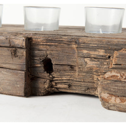 Lakara Reclaimed Wood Eight Tealight Table Candle Holder by Mercana in brown. Made from wood in a rustic style.