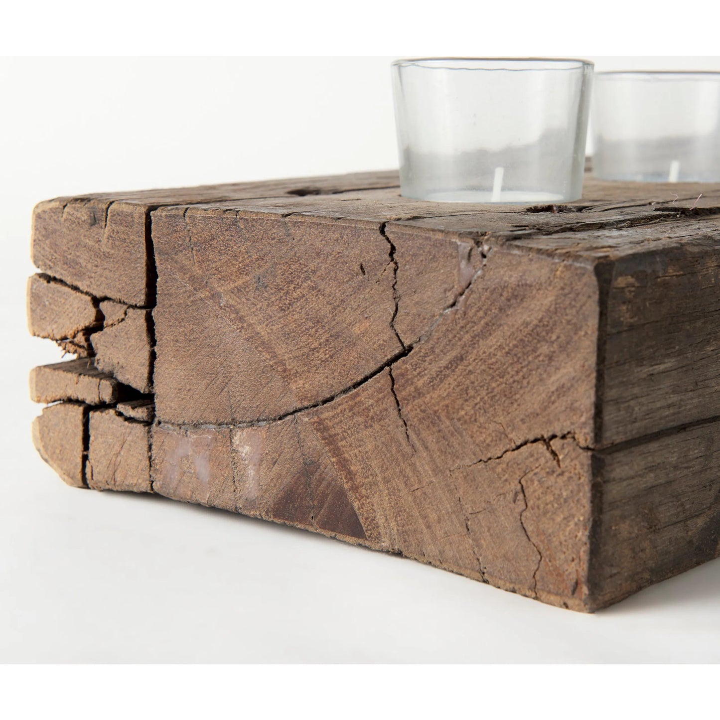 033 SR-746308 | Closeup | Lakara Reclaimed Wood Eight Tealight Table Candle Holder by Mercana in brown. Made from wood in a rustic style.