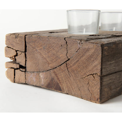 Lakara Reclaimed Wood Eight Tealight Table Candle Holder by Mercana in brown. Made from wood in a rustic style.
