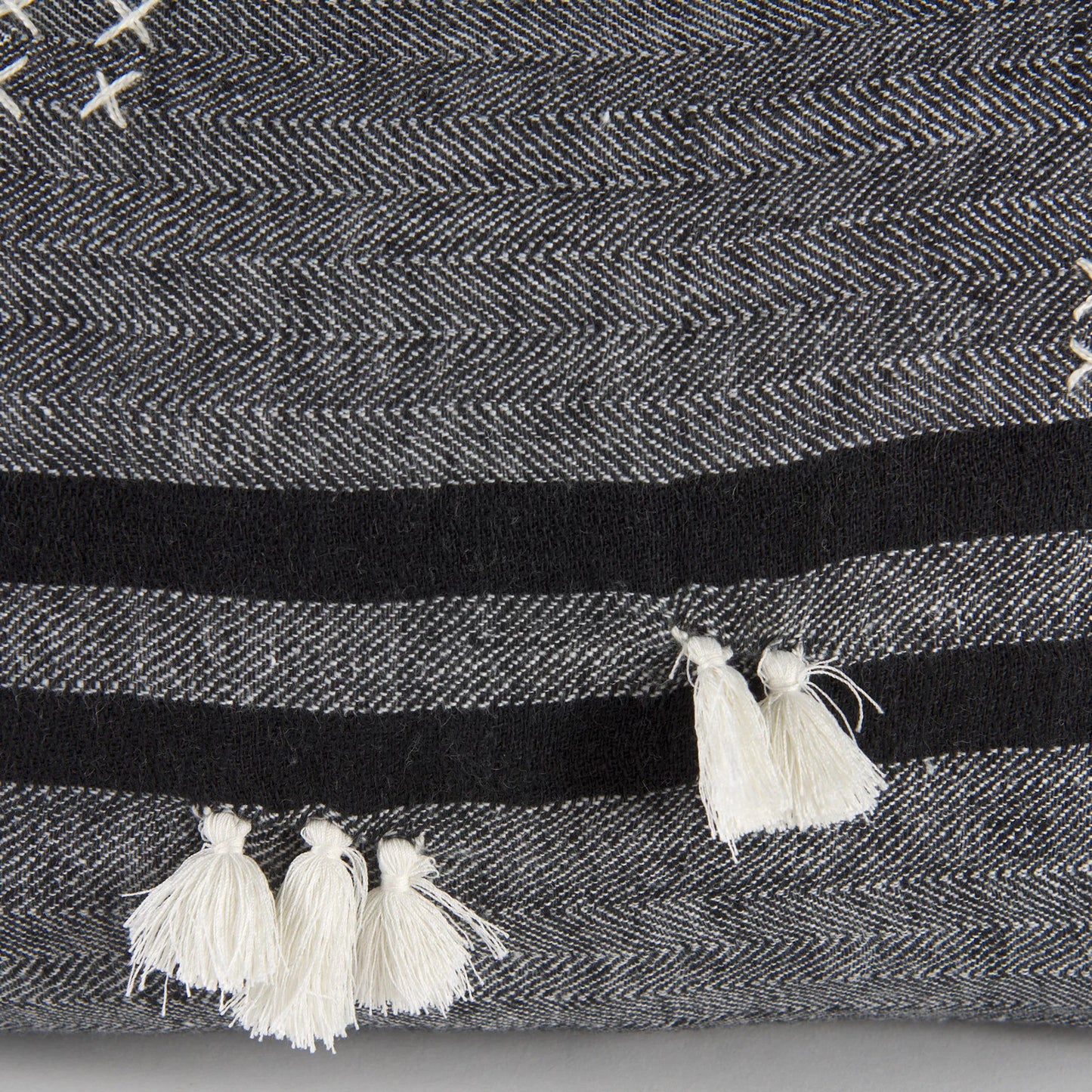 002 SI-2369509 | Closeup | Sibyl Striped Lumbar Pillow Cover by Mercana in black. Made from fabric in a transitional style.