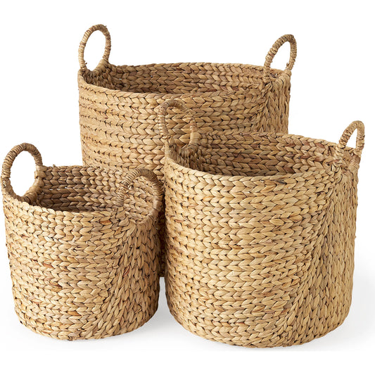 Sivan Water Hyacinth Round Basket (Set of 3) by Mercana in brown. Made from fabric in a unique style.