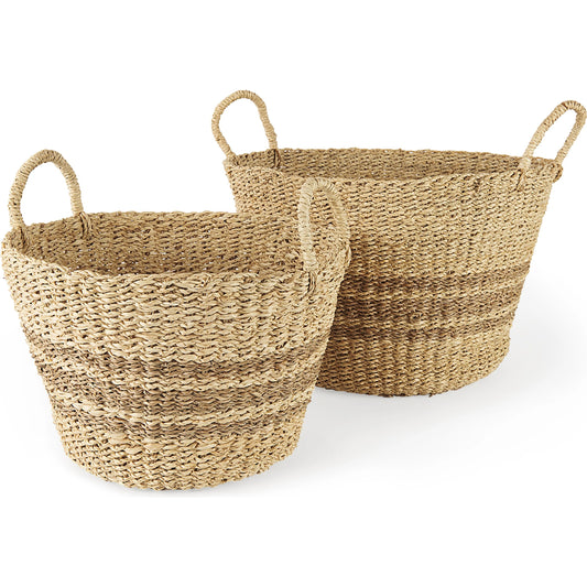 Vance Light Palm Leaf Round Basket W Handles by Mercana in brown. Made from seagrass in a unique style.
