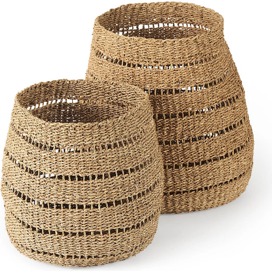 Hayes Round Basket with Stripe Pattern (Set of 2) by Mercana in brown. Made from seagrass in a unique style.