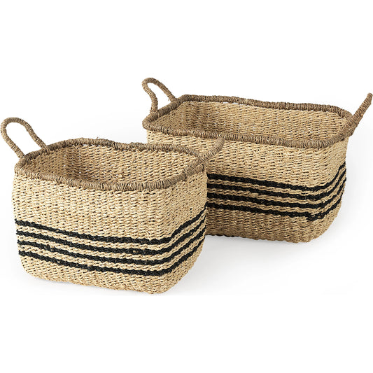 Emma Black Stripes Basket (Set of 2) by Mercana in brown. Made from seagrass in a unique style.