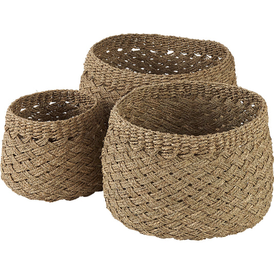Jarek Cross Weave Round Basket (Set of 3) by Mercana in brown. Made from seagrass in a unique style.