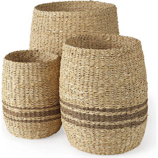 Sivannah Striped Round Basket (Set of 3) by Mercana in brown. Made from seagrass in a unique style.