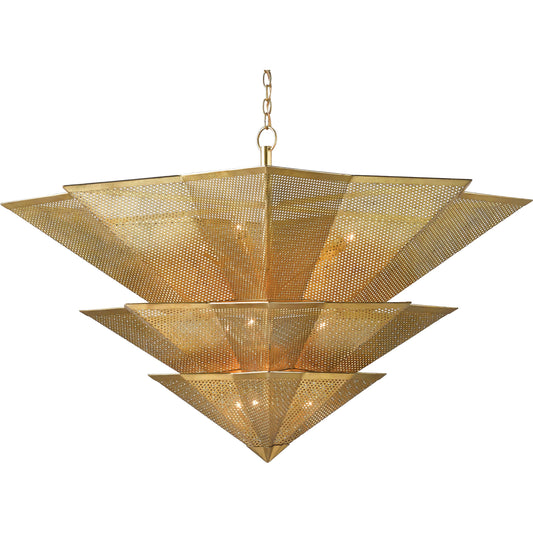 Hanway Chandelier by Currey and Company in antique gold leaf. Made from wrought iron in a transitional style.