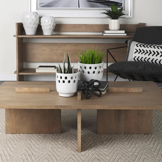 Aida Rectangle Coffee Table by Mercana in brown. Made from solid wood in a transitional style.