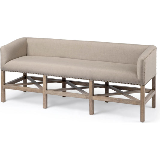 Bergen Bench by Mercana in beige, light brown. Made from wood, fabric in a rustic style.
