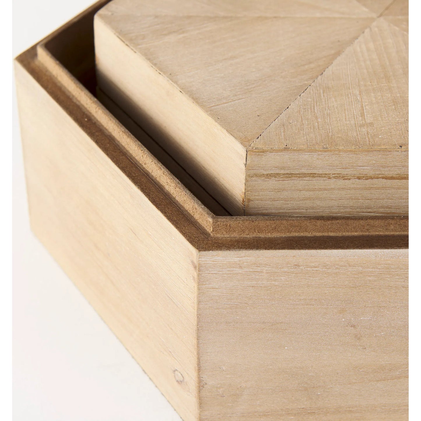 042 SR-815129 | Closeup | Elyse Wooden Hexagonal Boxes Set of Two by Mercana in natural. Made from unique in a cottage & farmhouse style.
