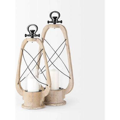 Zain Wooden Vintage Inspired Candle Holder Lantern by Mercana in natural. Made from unique in a coastal style.