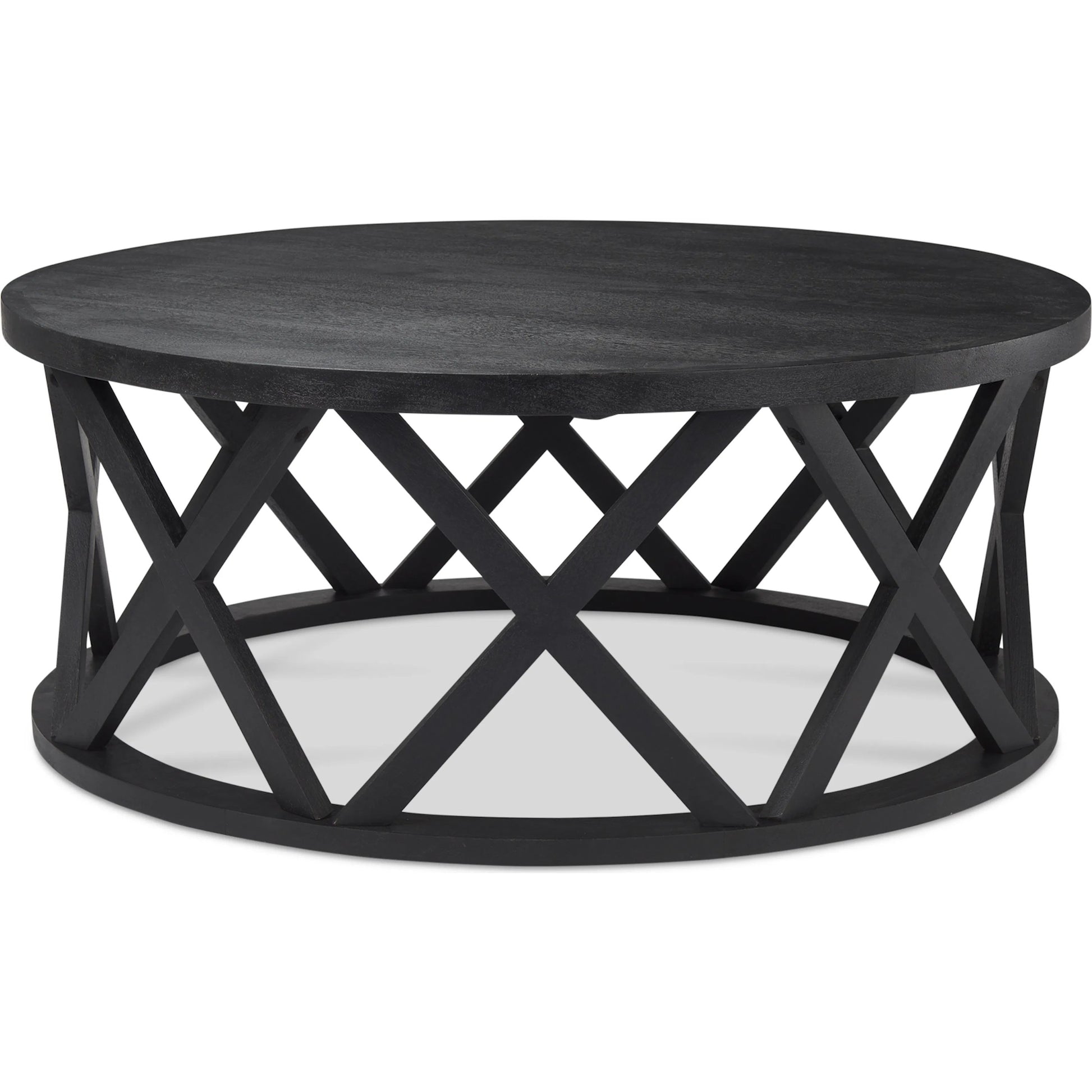 Forsey Round Coffee Table by Mercana in black. Made from solid wood in a transitional style.