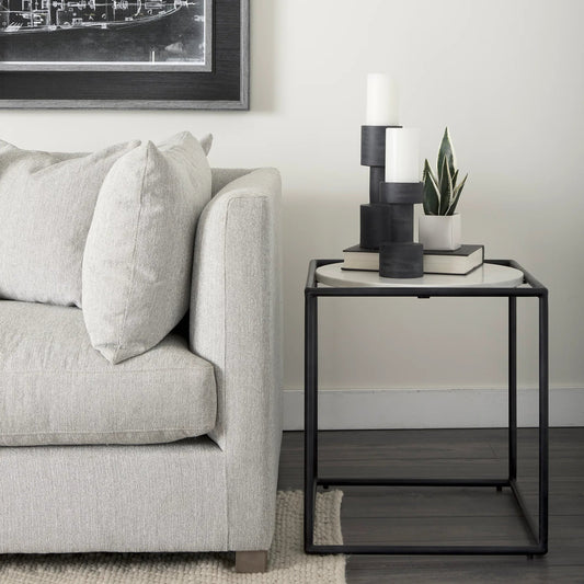 Austen End/Side Table by Mercana in black, white. Made from metal, marble in a modern style.