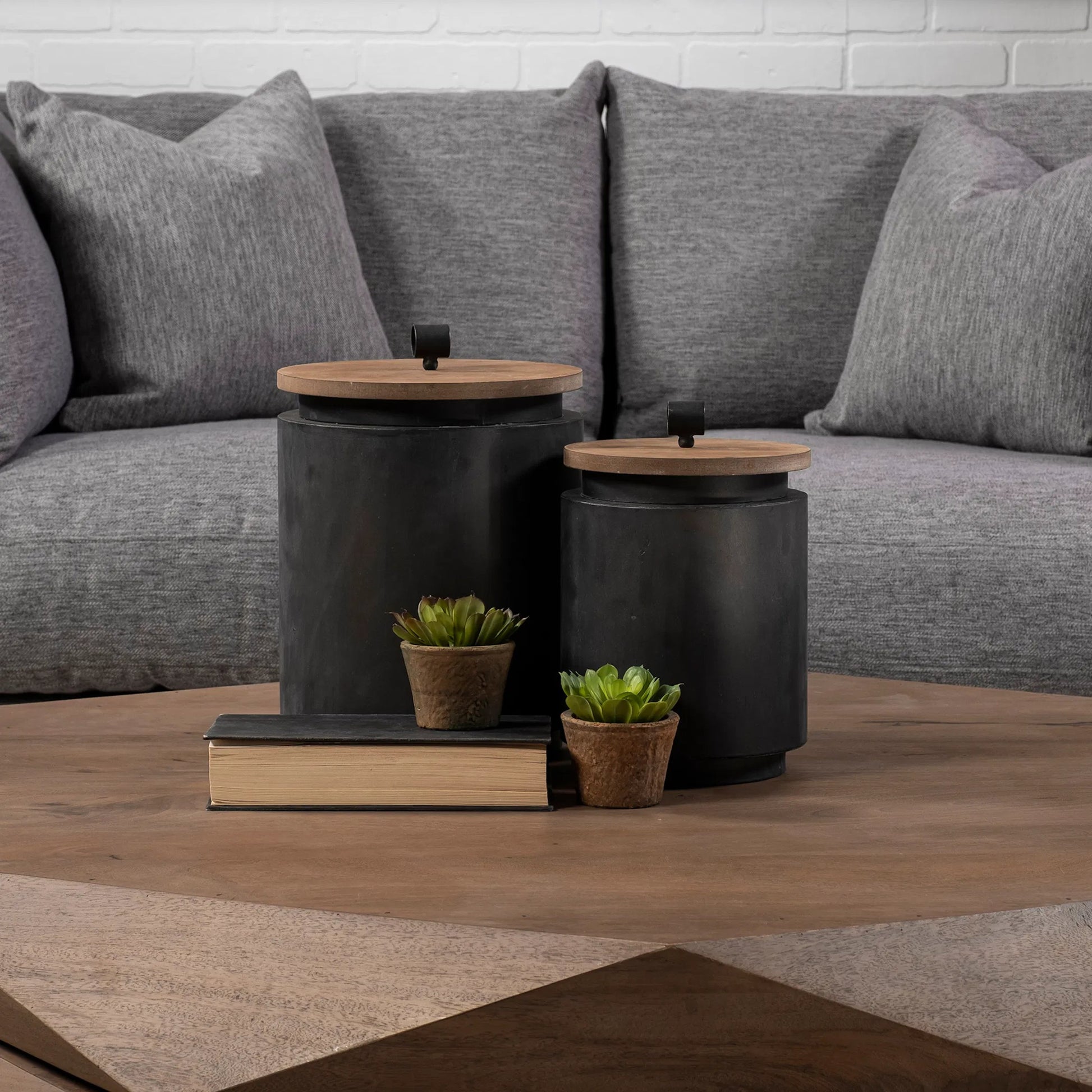 Cyril Gray W Jars Set of Two by Mercana in gunmetal grey. Made from unique in a eclectic & global style.