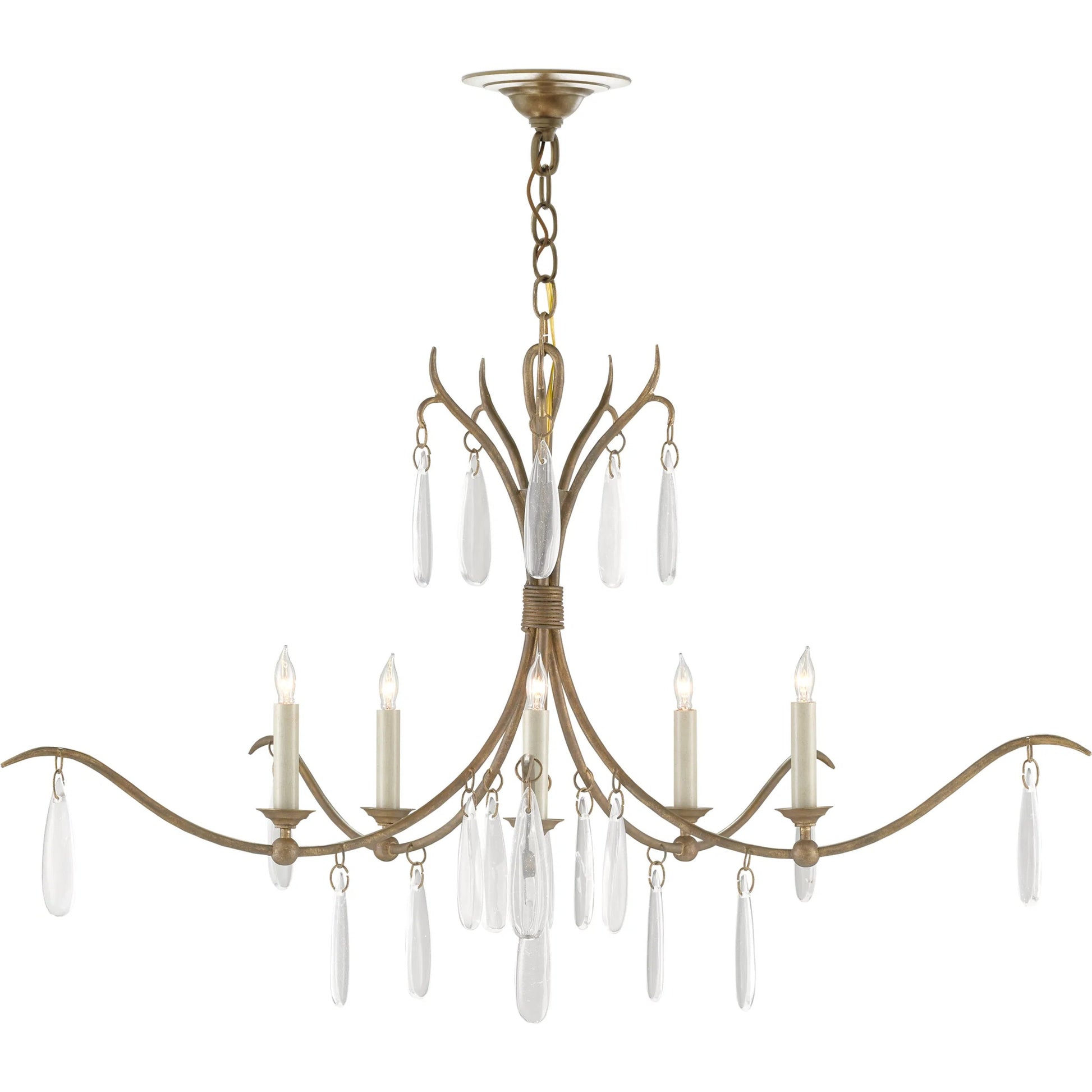 Marshallia Chandelier by Currey and Company in rustic gold, faux rock crystal. Made from wrought iron, glass in a transitional style.