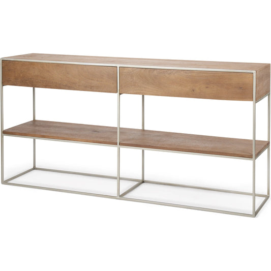 Morris Console Table by Mercana in natural, medium brown. Made from wood, metal in a modern style.