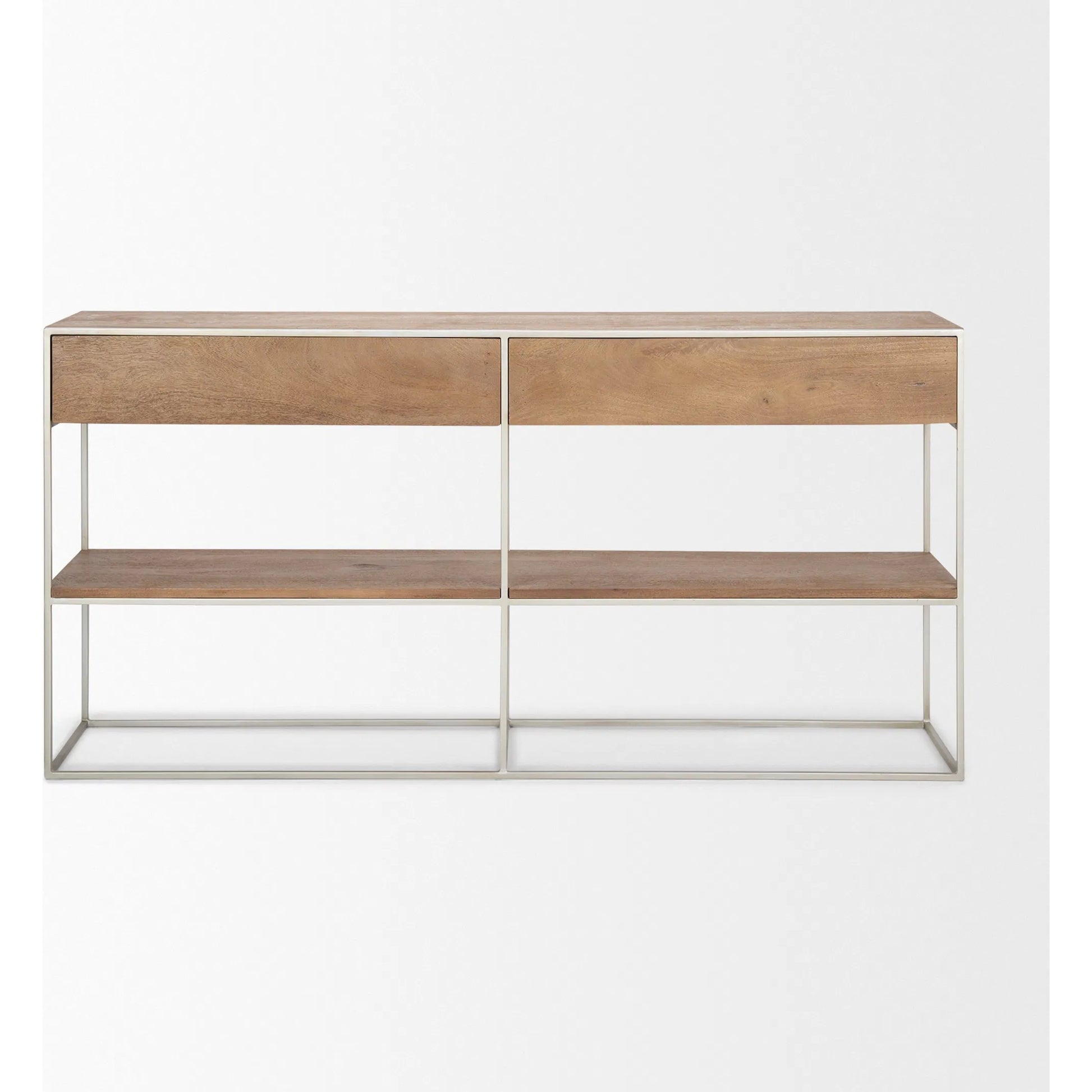 Morris Console Table by Mercana in brown wood, silver metal. Made from wood, metal in a modern style.
