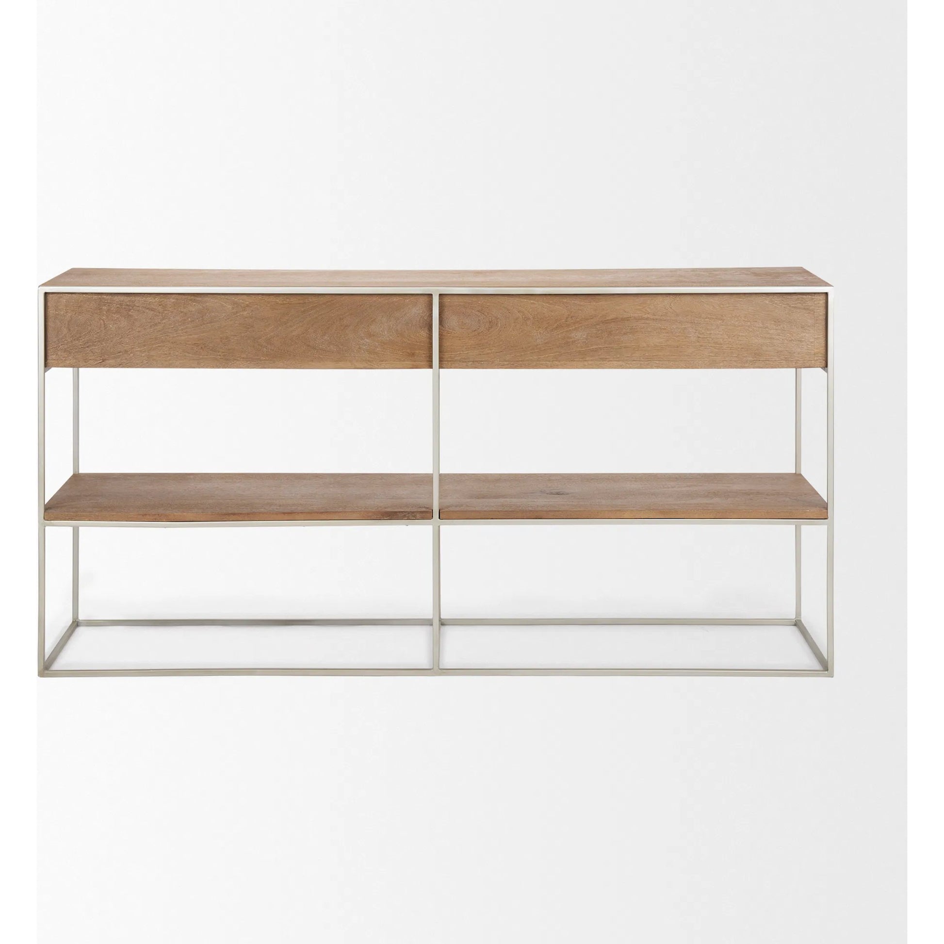 Morris Console Table by Mercana in brown wood, silver metal. Made from wood, metal in a modern style.